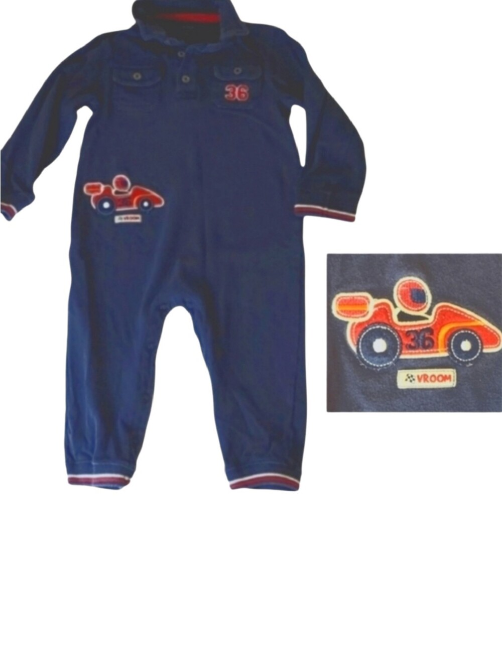 24 Mos Baby Vintage Car Jumpsuit, Blue, Red 24 Months, 100% Cotton